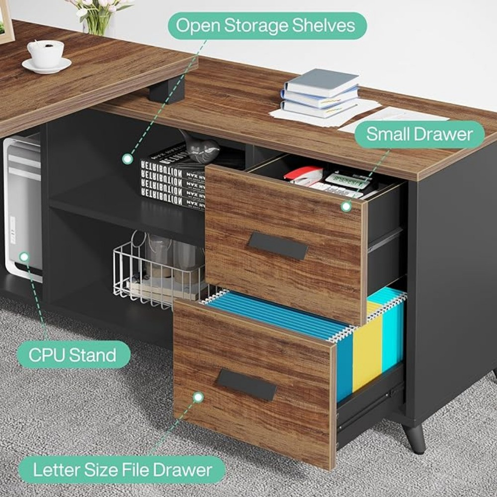 Open storage shelves, small drawer, and letter-size file drawer explained